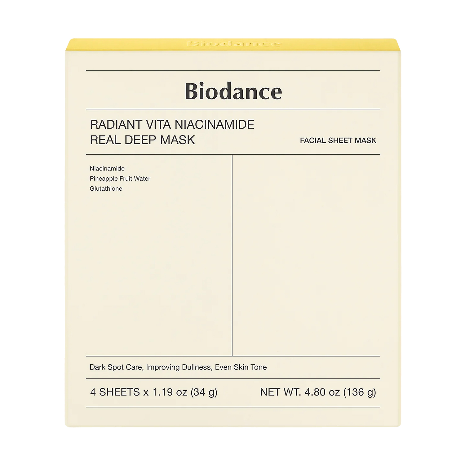 Гідрогелева маска для вирівнювання тону шкіри обличчя Biodance Radiant Vita Niacinamide Real Deep Mask з ніацинамідом, 4*34 г